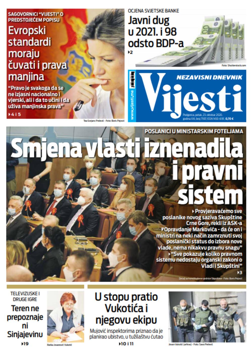 Naslovna strana "Vijesti" za 23. oktobar, Foto: Vijesti