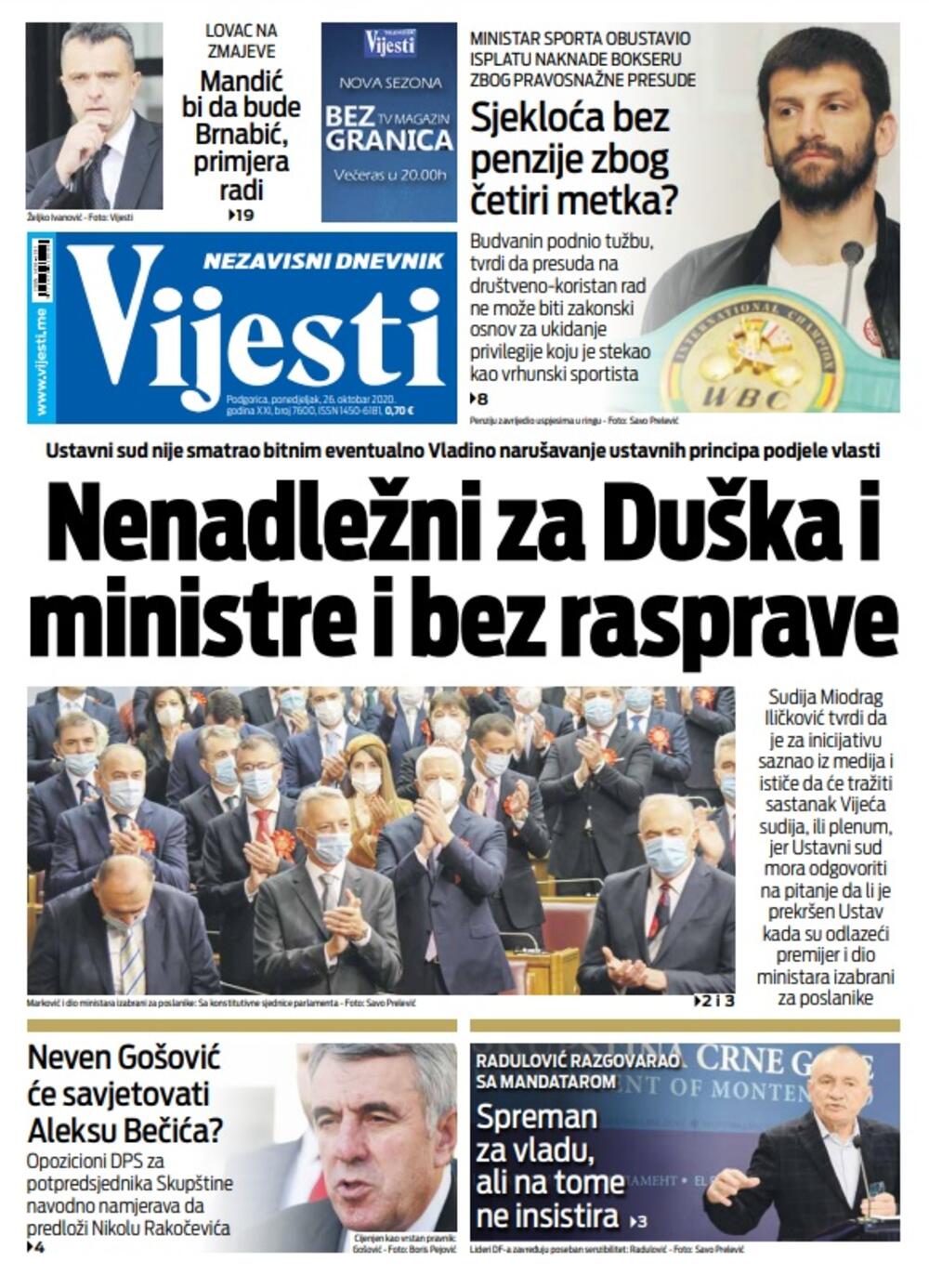 Naslovna strana "Vijesti" za ponedjeljak 26. oktobar 2020. godine, Foto: Vijesti