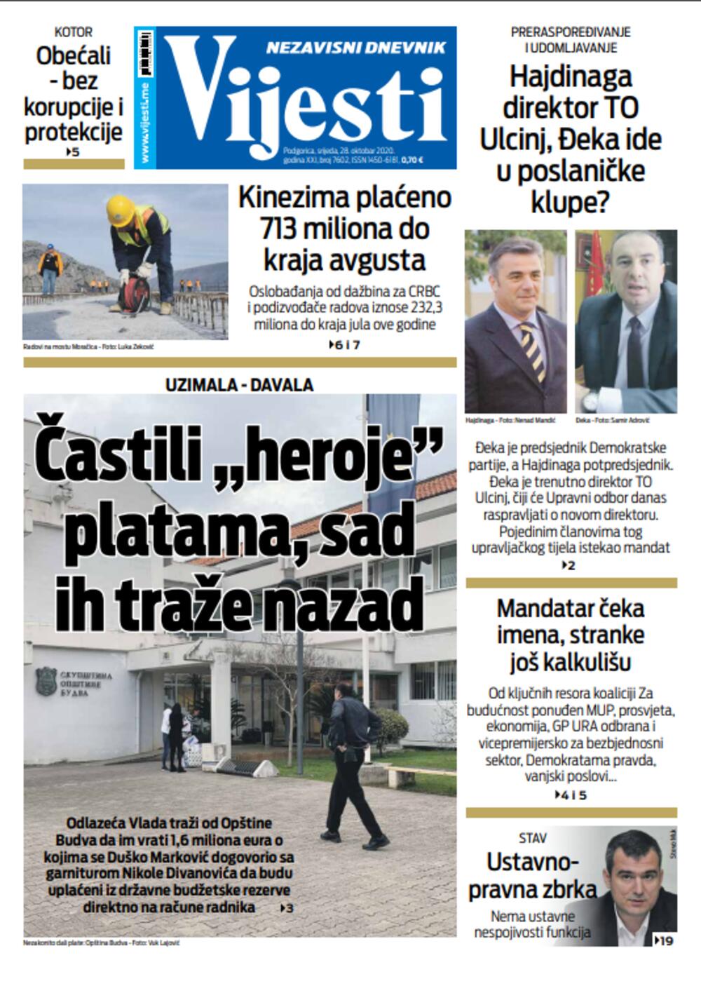Naslovna strana "Vijesti" za 28. oktobar, Foto: Vijesti