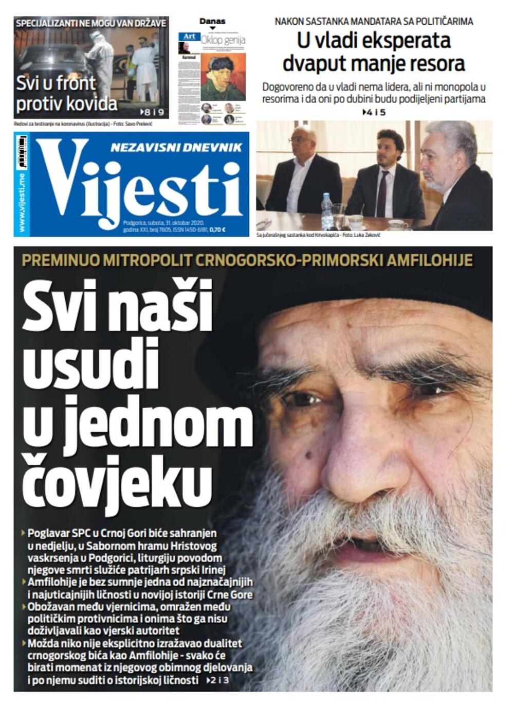 Naslovna strana za 31. oktobar 2020., Foto: Vijesti