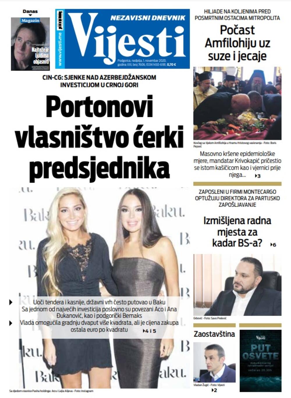 Naslovna strana "Vijesti" za nedjelju 1. novembar 2020. godine, Foto: Vijesti