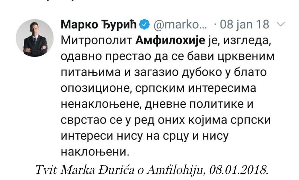 Tvit Marka Đurića o Amfilohiju, osmog januara 2018. godine