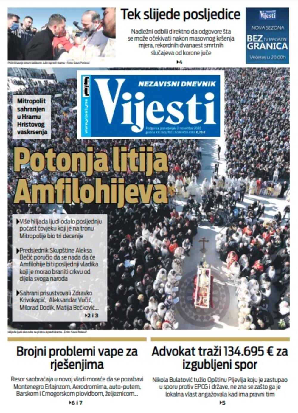 Naslovna strana "Vijesti" za ponedjeljak 2. novembar 2020. godine, Foto: Vijesti