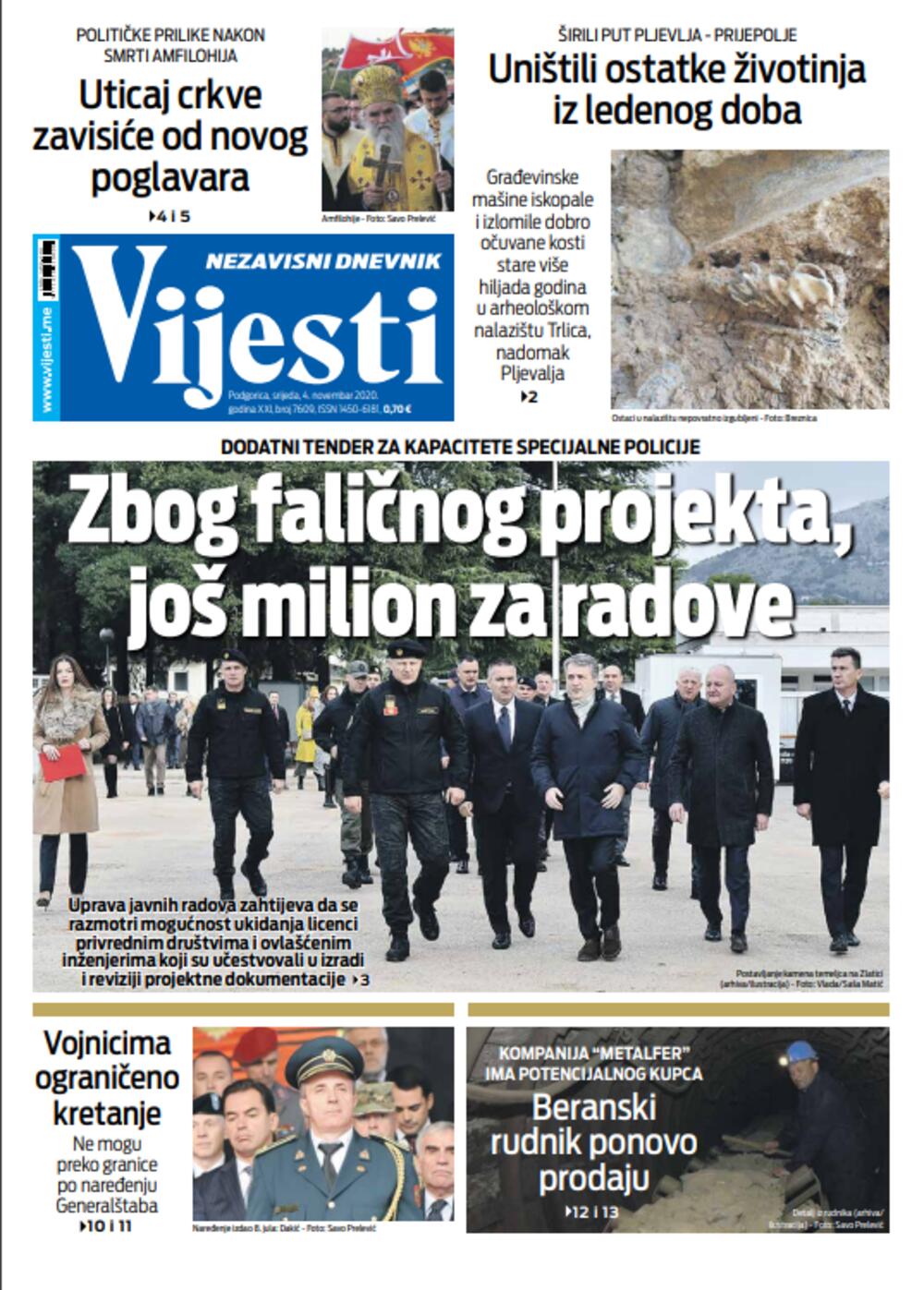 Naslovna strana "Vijesti" za četvrti novembar, Foto: Vijesti