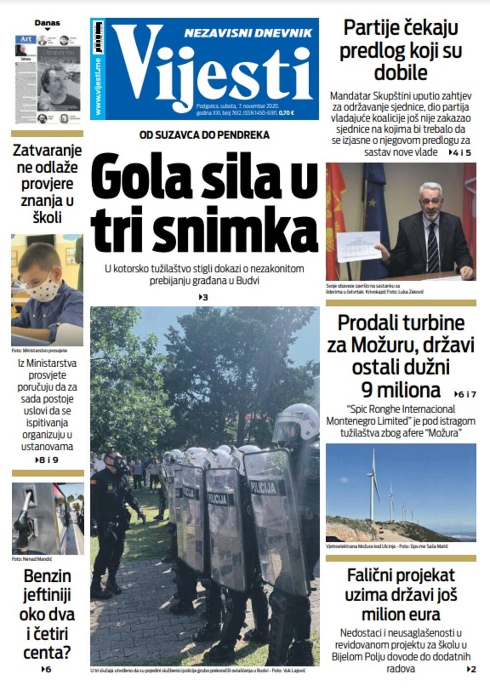 Naslovna strana "Vijesti" za subotu 7. novembar 2020. godine, Foto: Vijesti