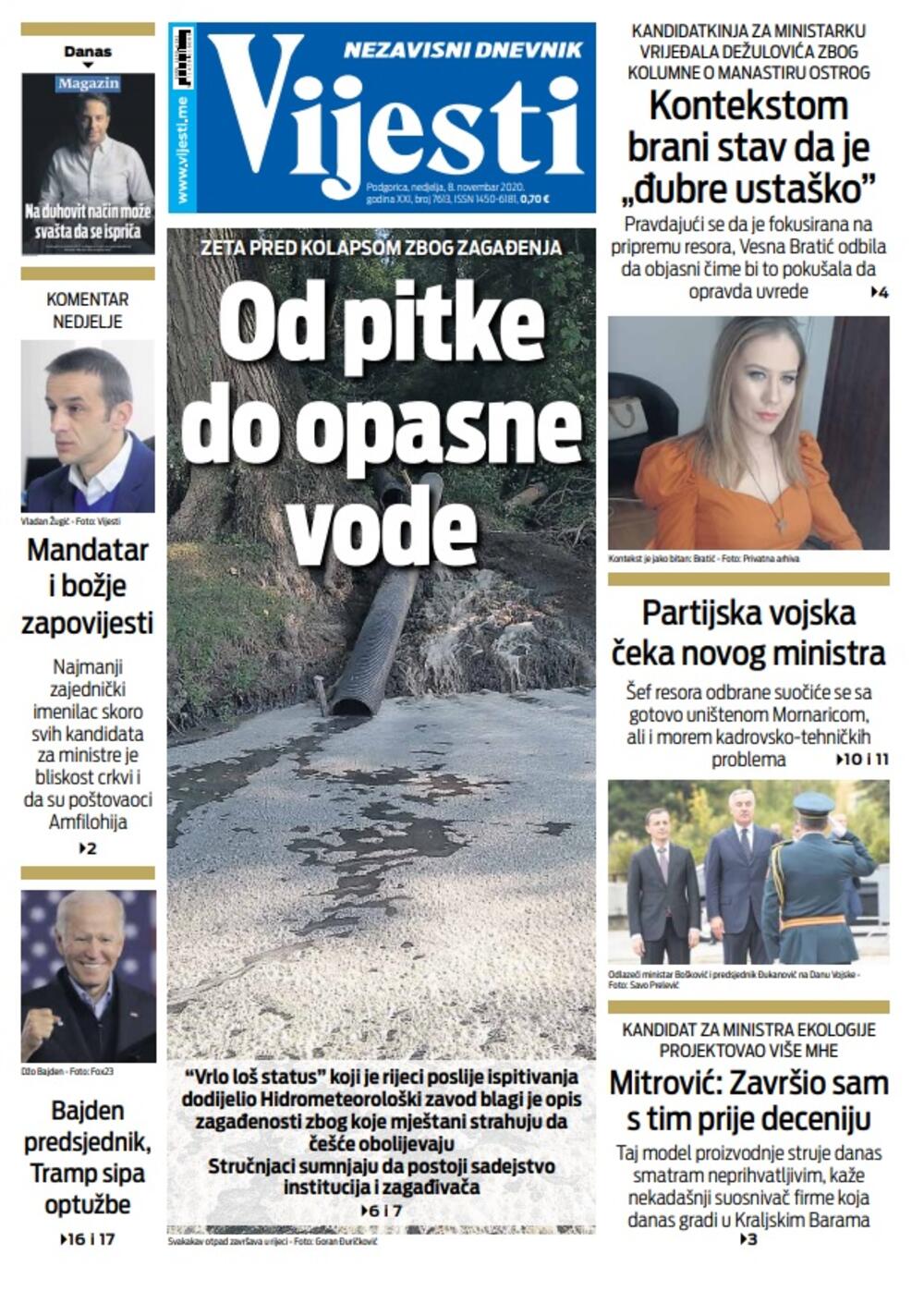 Naslovna strana "Vijesti" za nedjelju 8. novembar 2020. godine, Foto: Vijesti