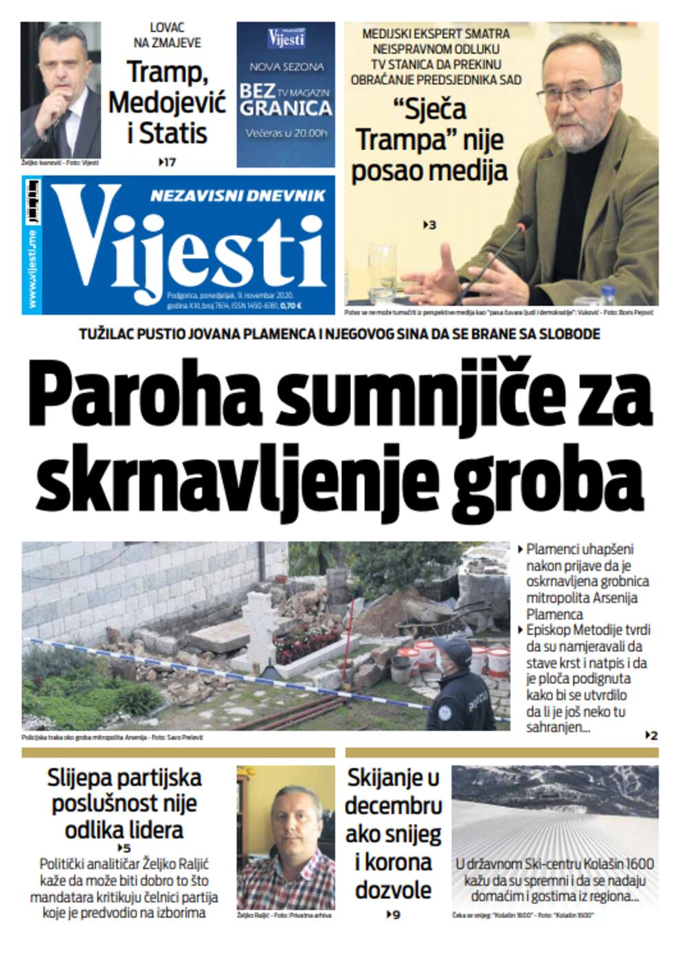 Naslovna strana "Vijesti" za deveti novembar, Foto: Vijesti