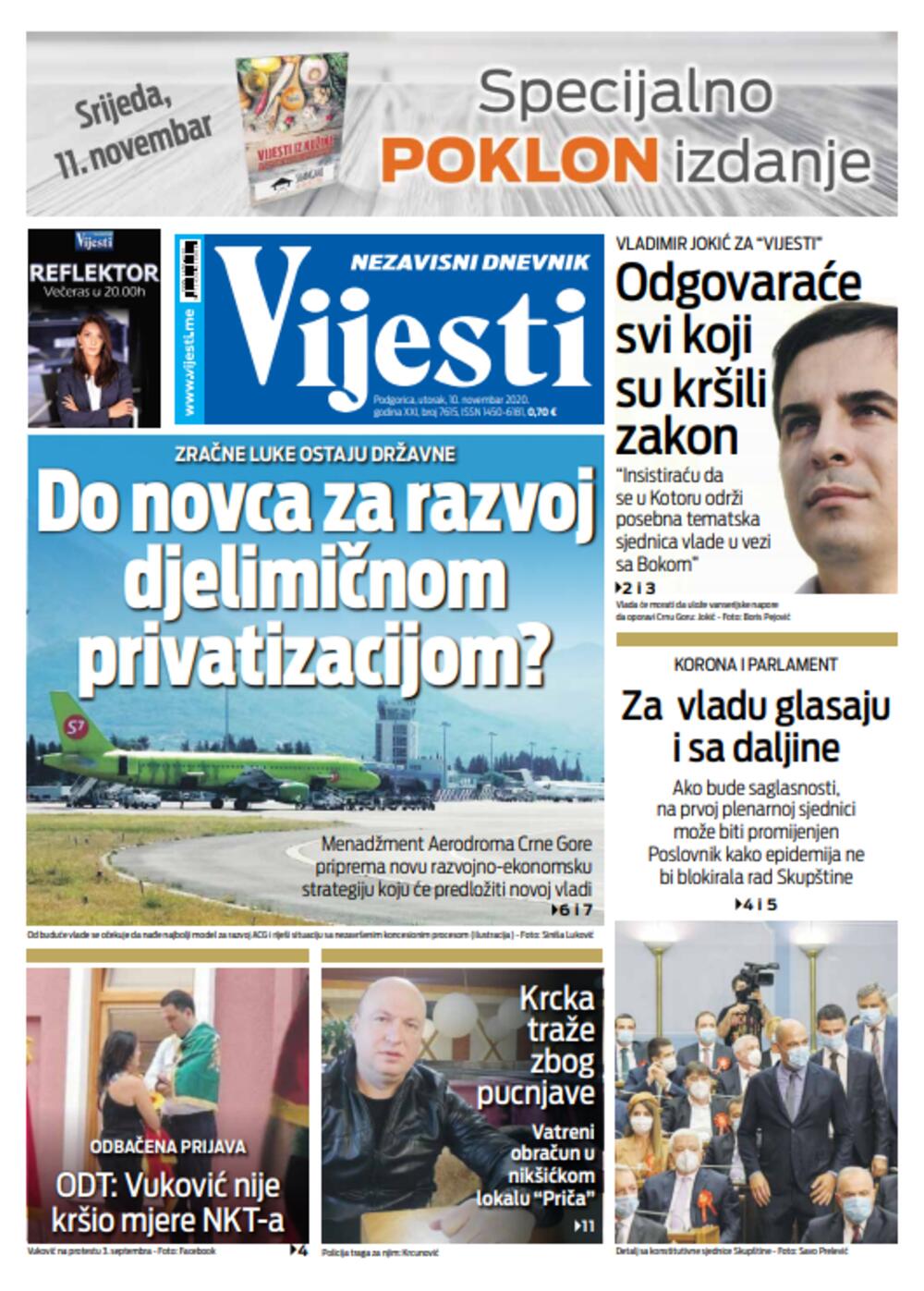Naslovna strana "Vijesti" za 10. novembar, Foto: Vijesti