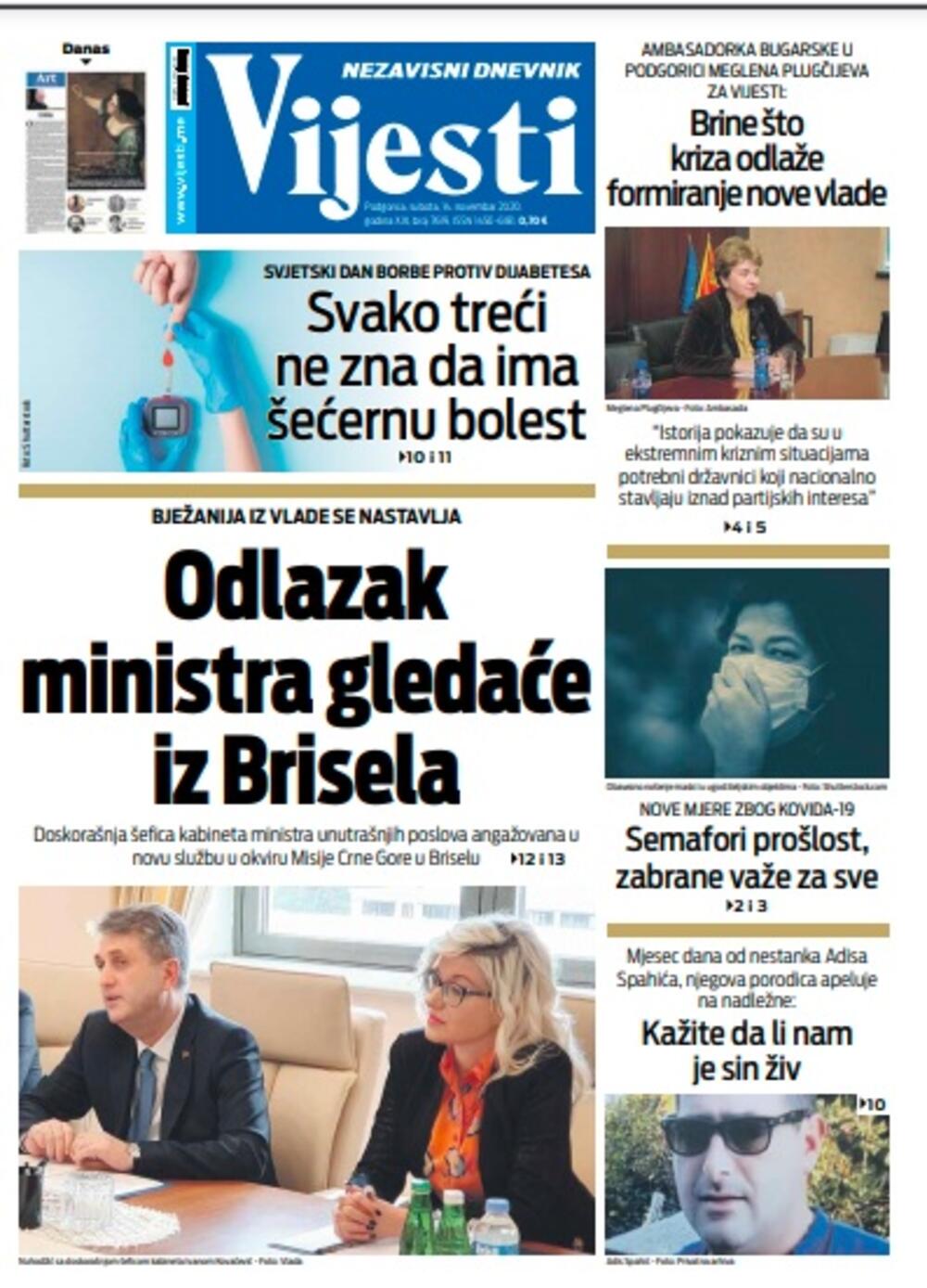 Naslovna strana "Vijesti" za subotu 14. novembar 2020. godine, Foto: Vijesti