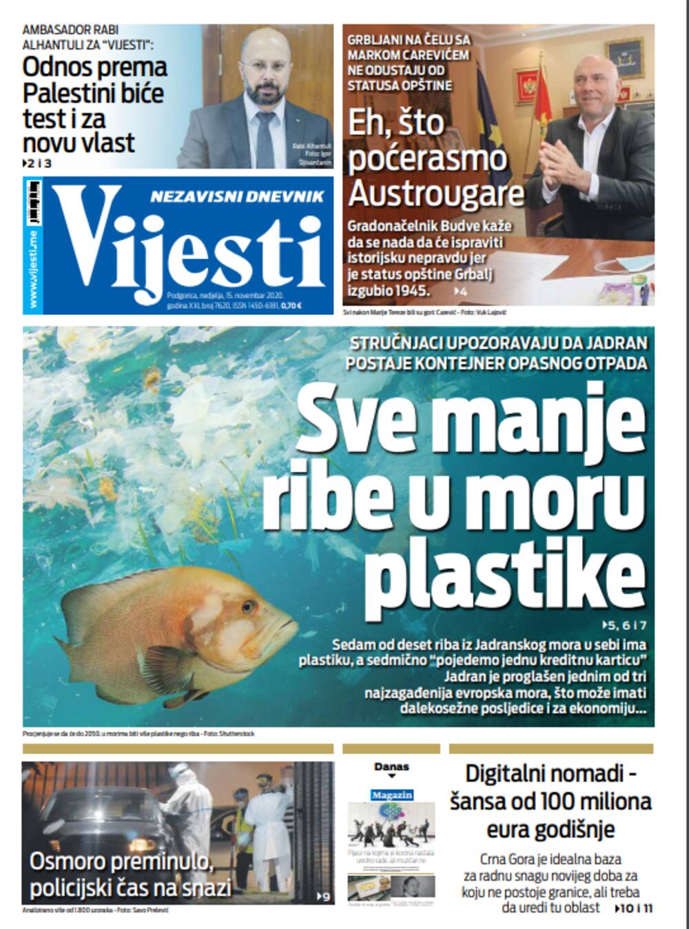 Naslovna strana "Vijesti" za 15. novembar, Foto: Vijesti