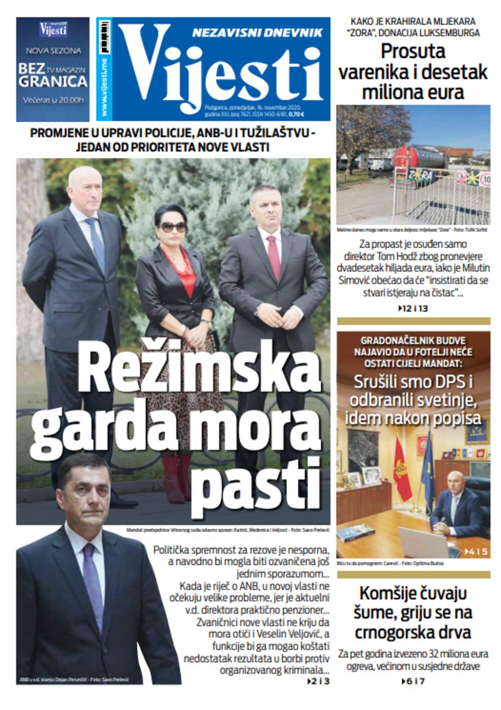 Naslovna strana "Vijesti" za 16. novembar, Foto: Vijesti