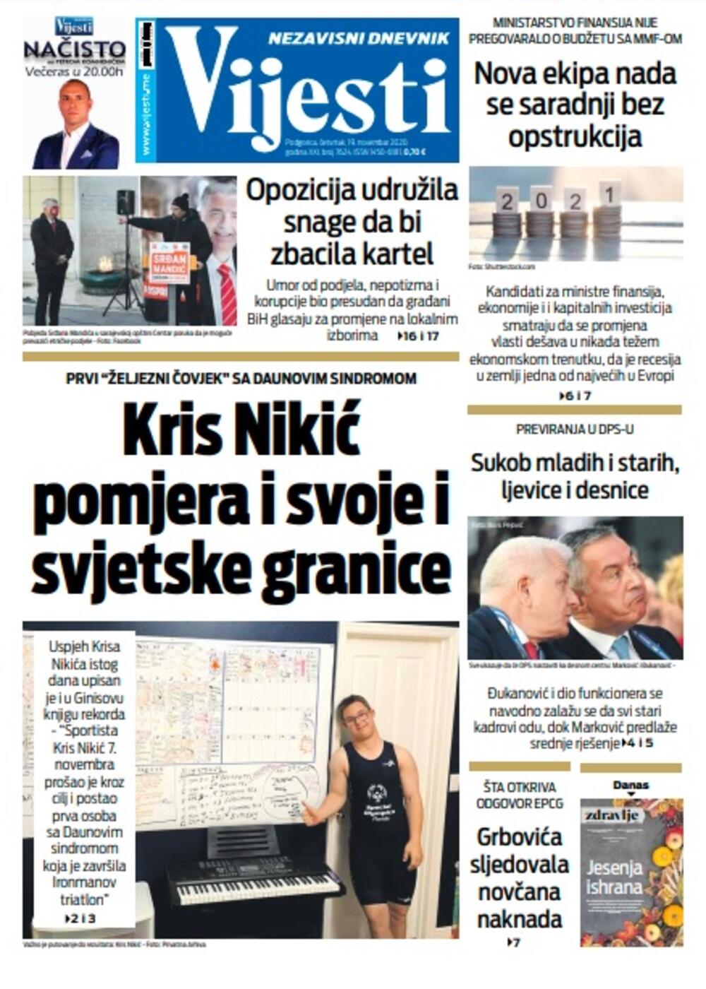 Naslovna strana "Vijesti" za četvrtak 19. novembar 2020. godine, Foto: Vijesti