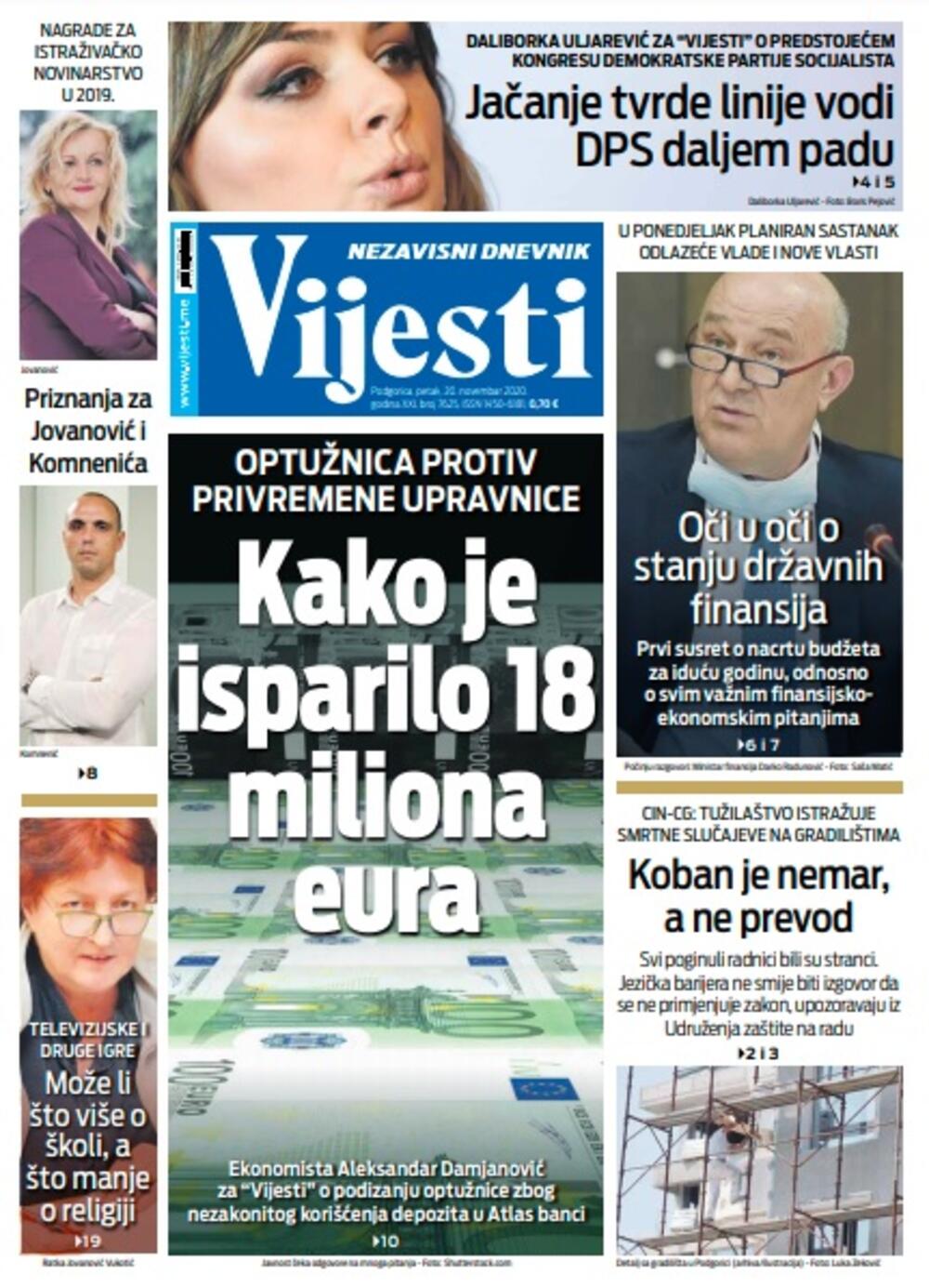 Naslovna strana "Vijesti" za petak 20. novembar 2020. godine, Foto: Vijesti