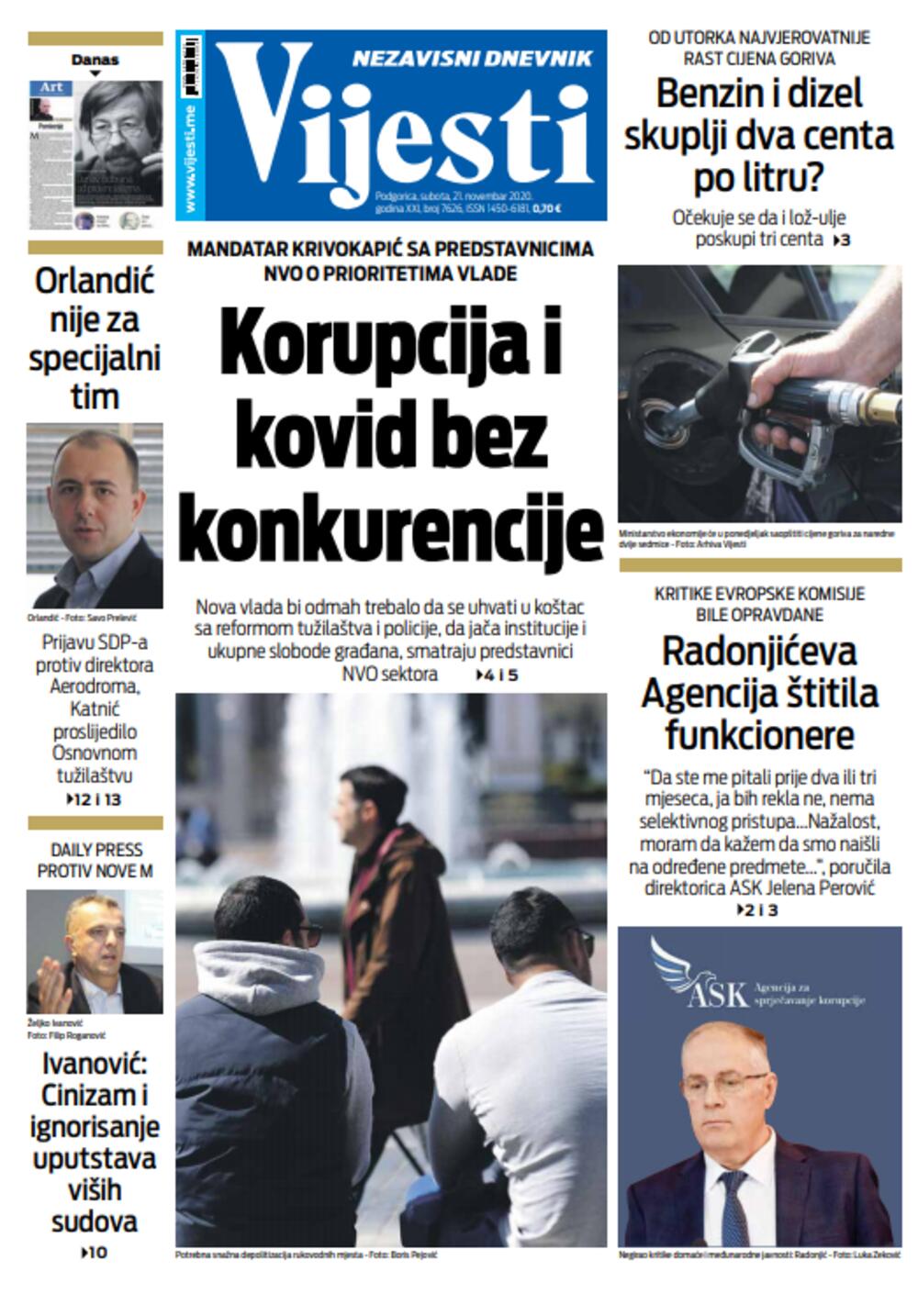Naslovna strana "Vijesti" za 21. novembar, Foto: Vijesti