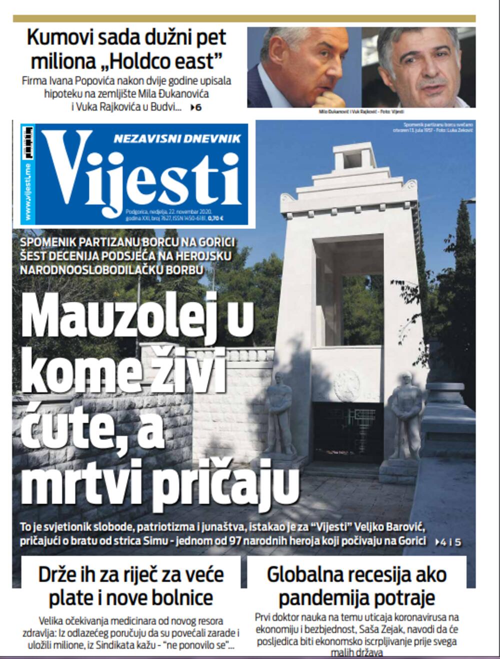 Naslovna strana "Vijesti" za 22. novembar, Foto: Vijesti