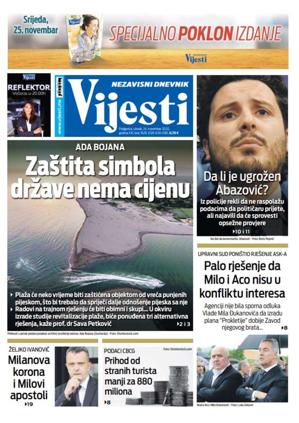 Naslovna strana Vijesti za 24.11.2020., Foto: Vijesti