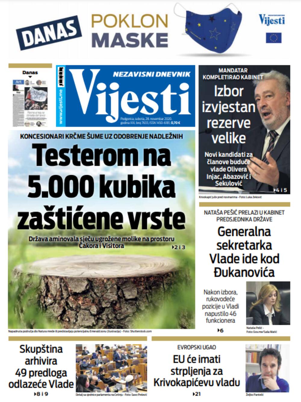 Naslovna strana "Vijesti" za 28. novembar, Foto: Vijesti