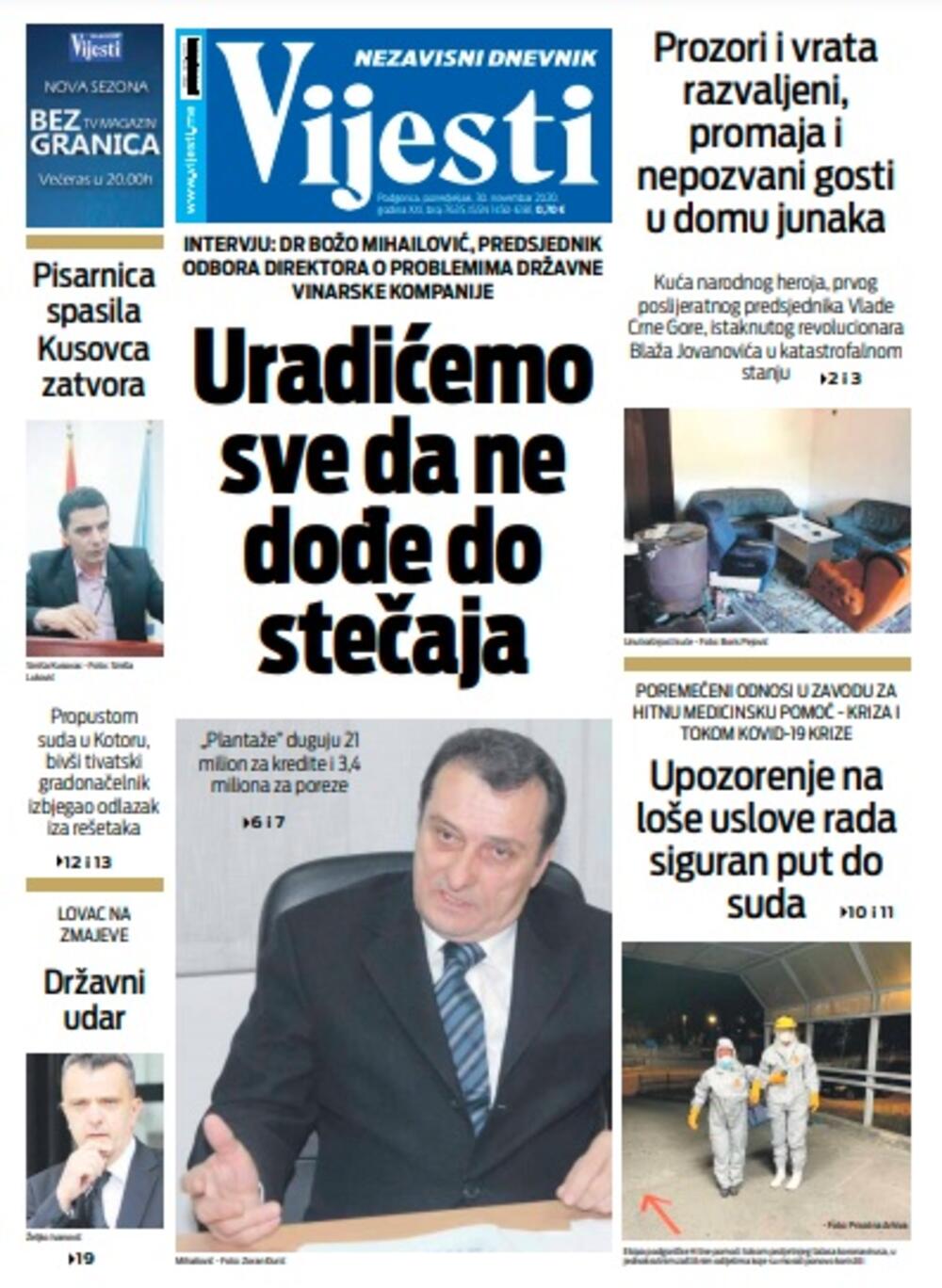 Naslovna strana "Vijesti" za ponedjeljak 30. novembar 2020. godine, Foto: Vijesti