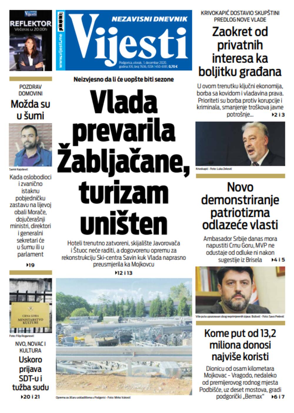 Naslovna strana "Vijesti" za prvi decembar, Foto: Vijesti