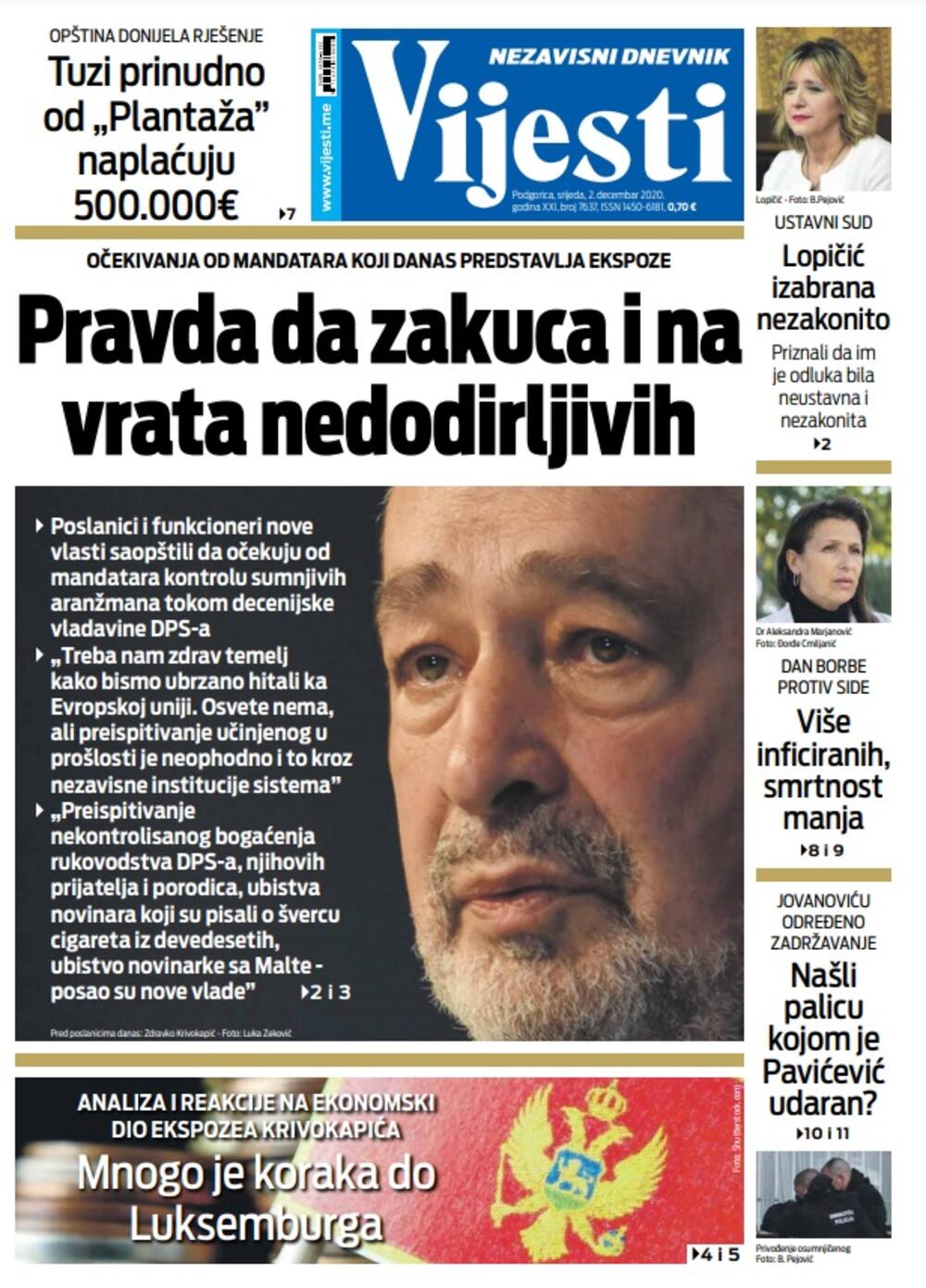 Naslovna strana "Vijesti" za srijedu 2. decembar 2020. godine, Foto: Vijesti