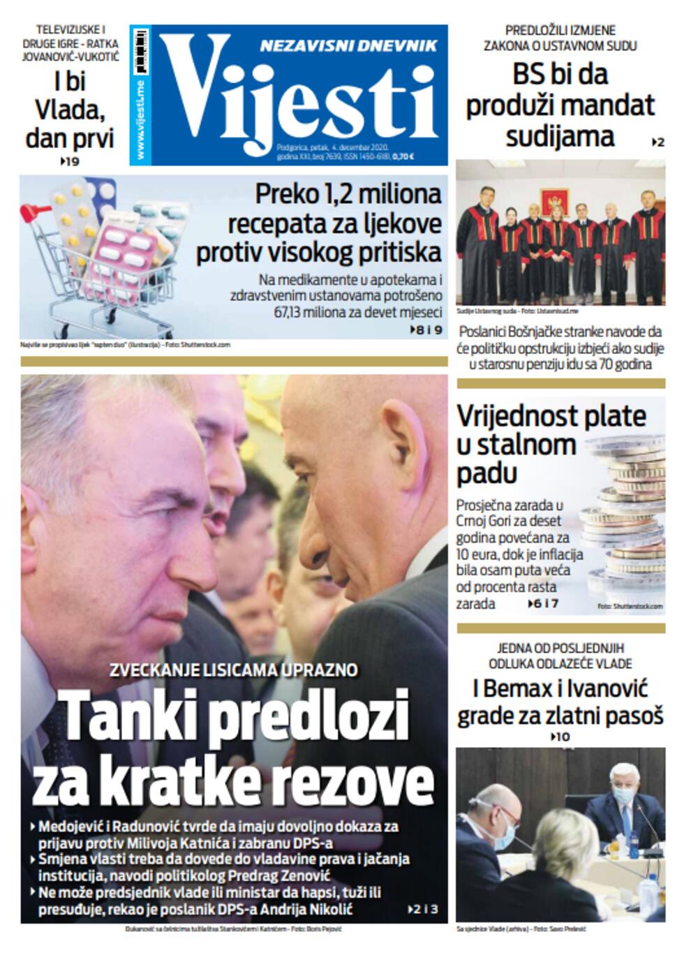 Naslovna strana "Vijesti" za četvrti decembar, Foto: Vijesti