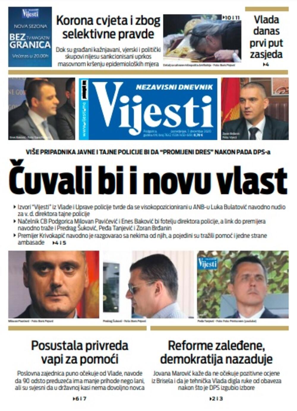 Naslovna strana "Vijesti" za ponedjeljak 7. decembar 2020. godine, Foto: Vijesti