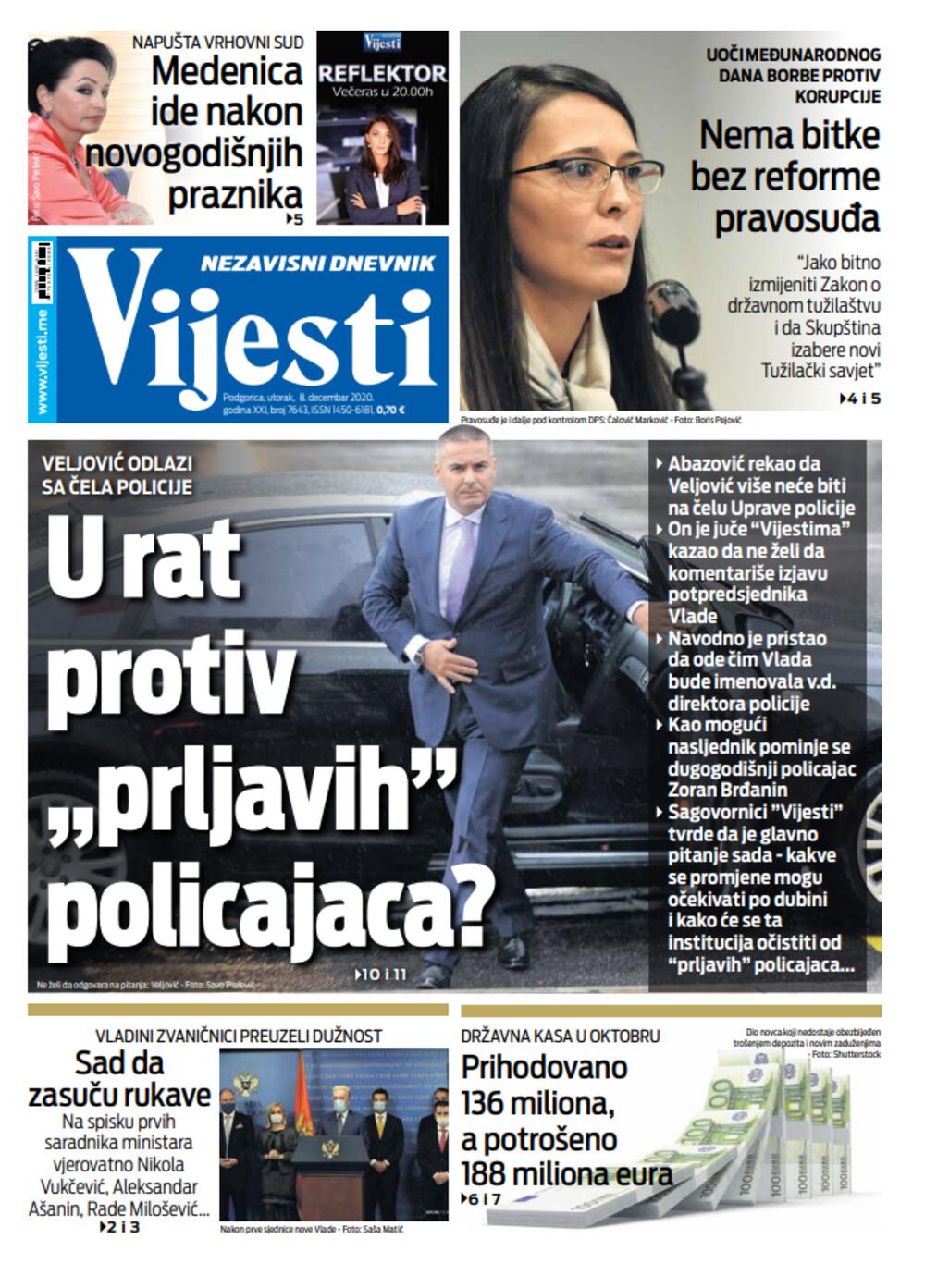 Naslovna strana "Vijesti" za utorak 8. decembar 2020. godine, Foto: Vijesti