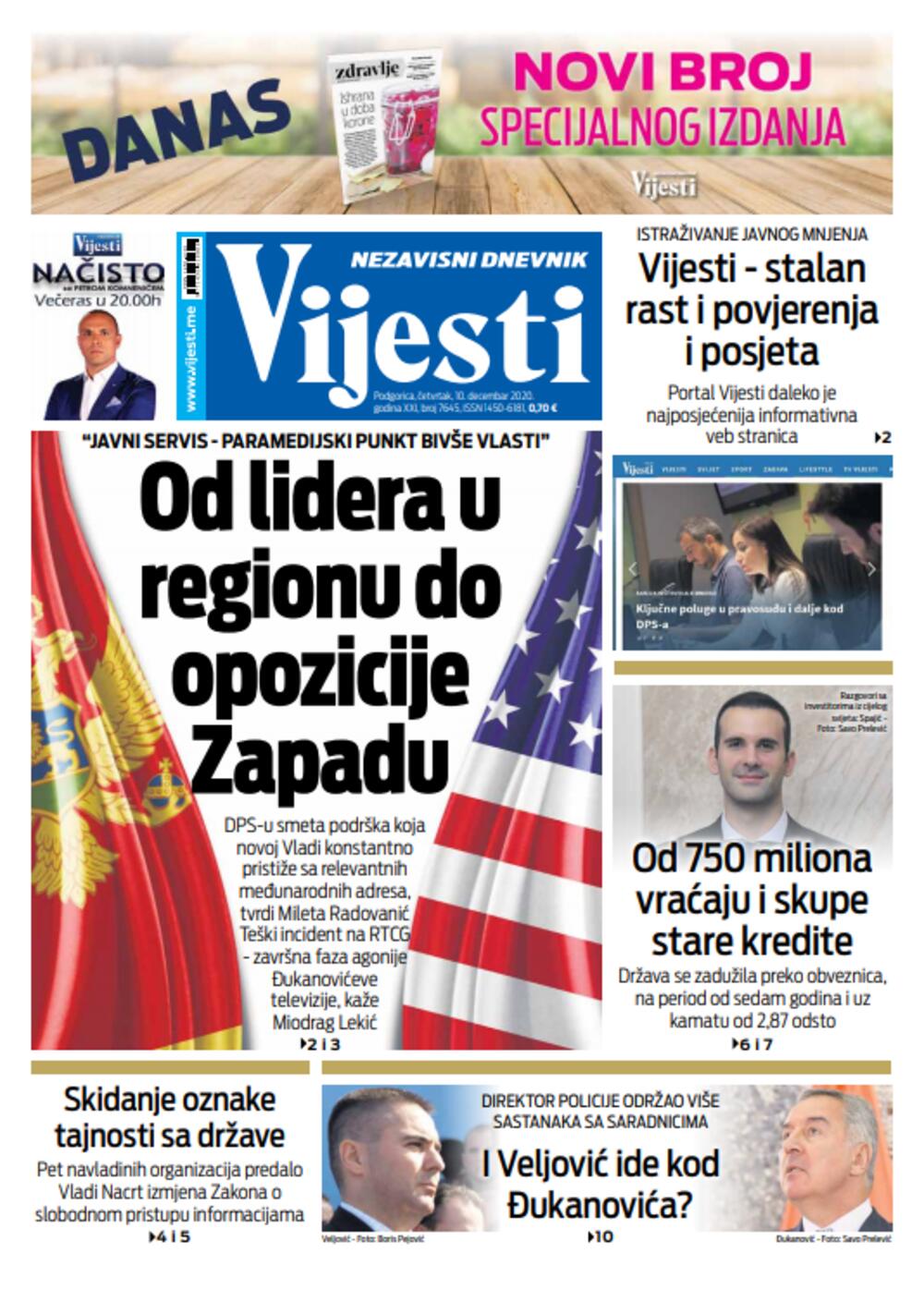 Naslovna strana "Vijesti" za deseti decembar, Foto: Vijesti