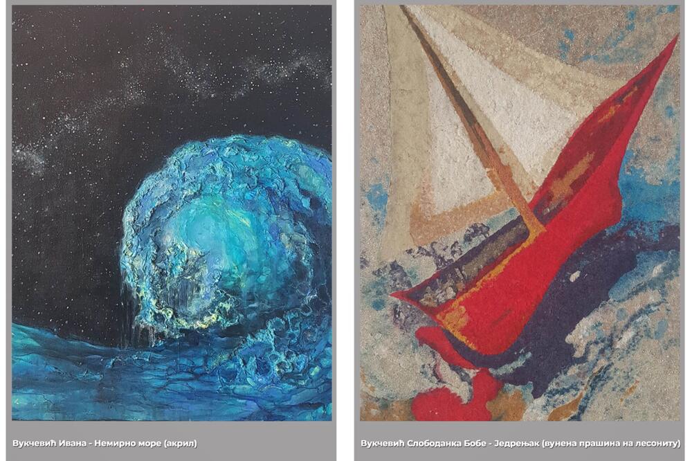 Lijevo: Vukčević Ivana: "Nemirno more" Desno: Slobodanka Bobe Vukčević, rad "Jedrenjak", Foto: Privatna arhiva