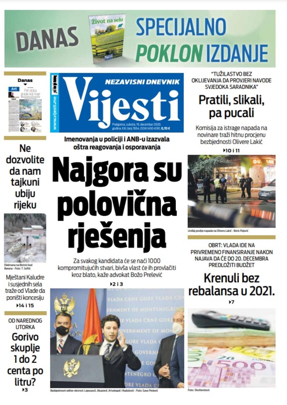 Naslovna strana "Vijesti" za subotu 19. decembar 2020. godine, Foto: Vijesti