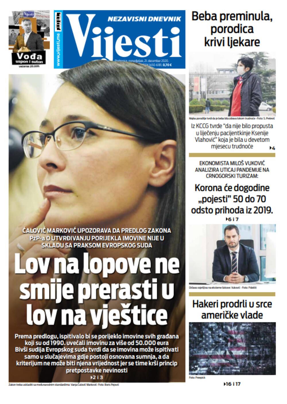 Naslovna strana "Vijesti" za ponedjeljak 21. decembar 2020. godine, Foto: Vijesti