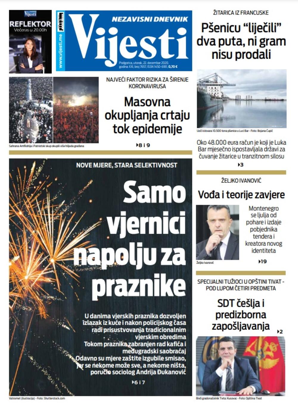Naslovna strana "Vijesti" za utorak 22. decembar 2020. godine, Foto: Vijesti