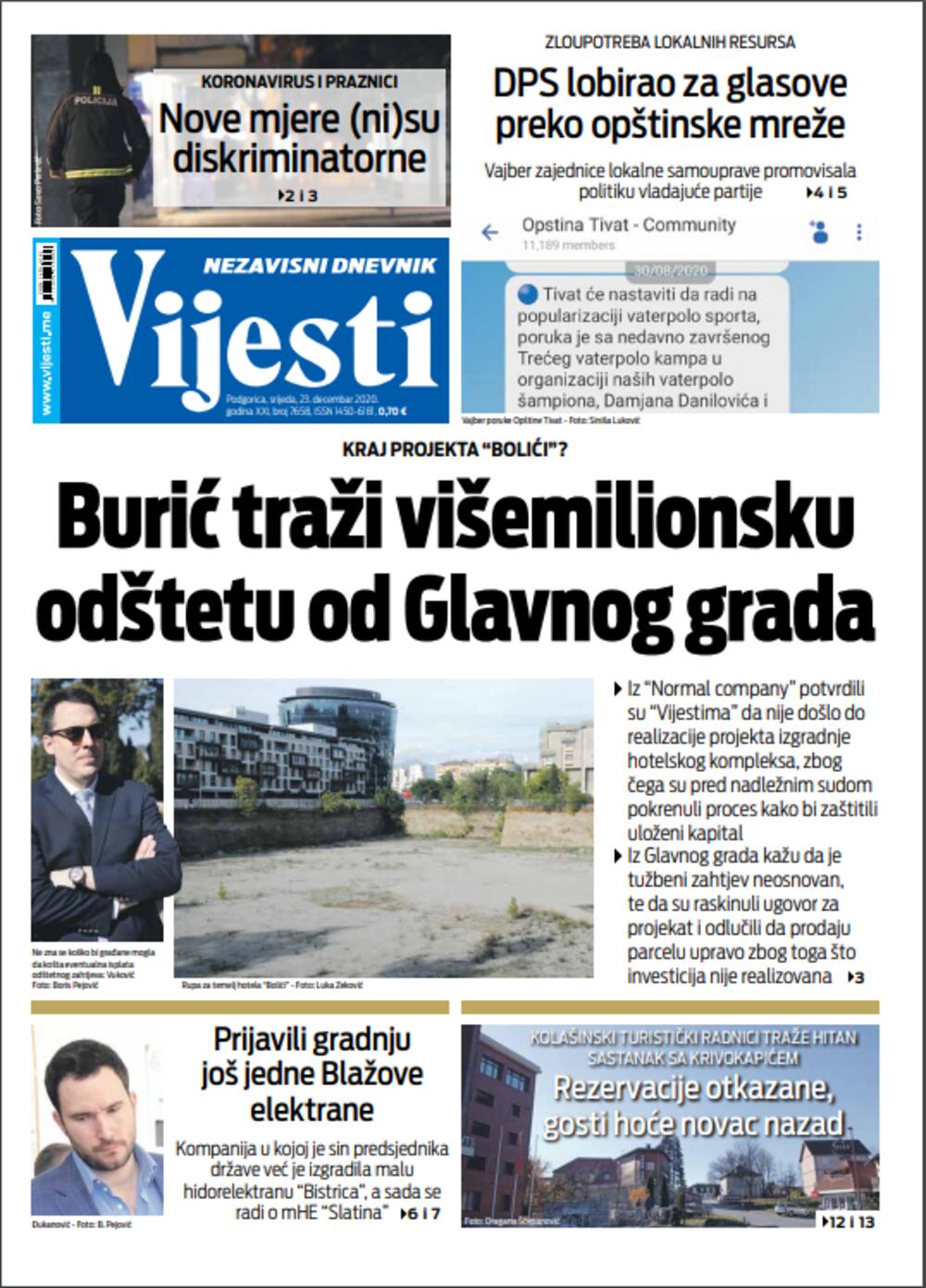 Naslovna strana "Vijesti" za utorak 23. decembar 2020. godine, Foto: Vijesti