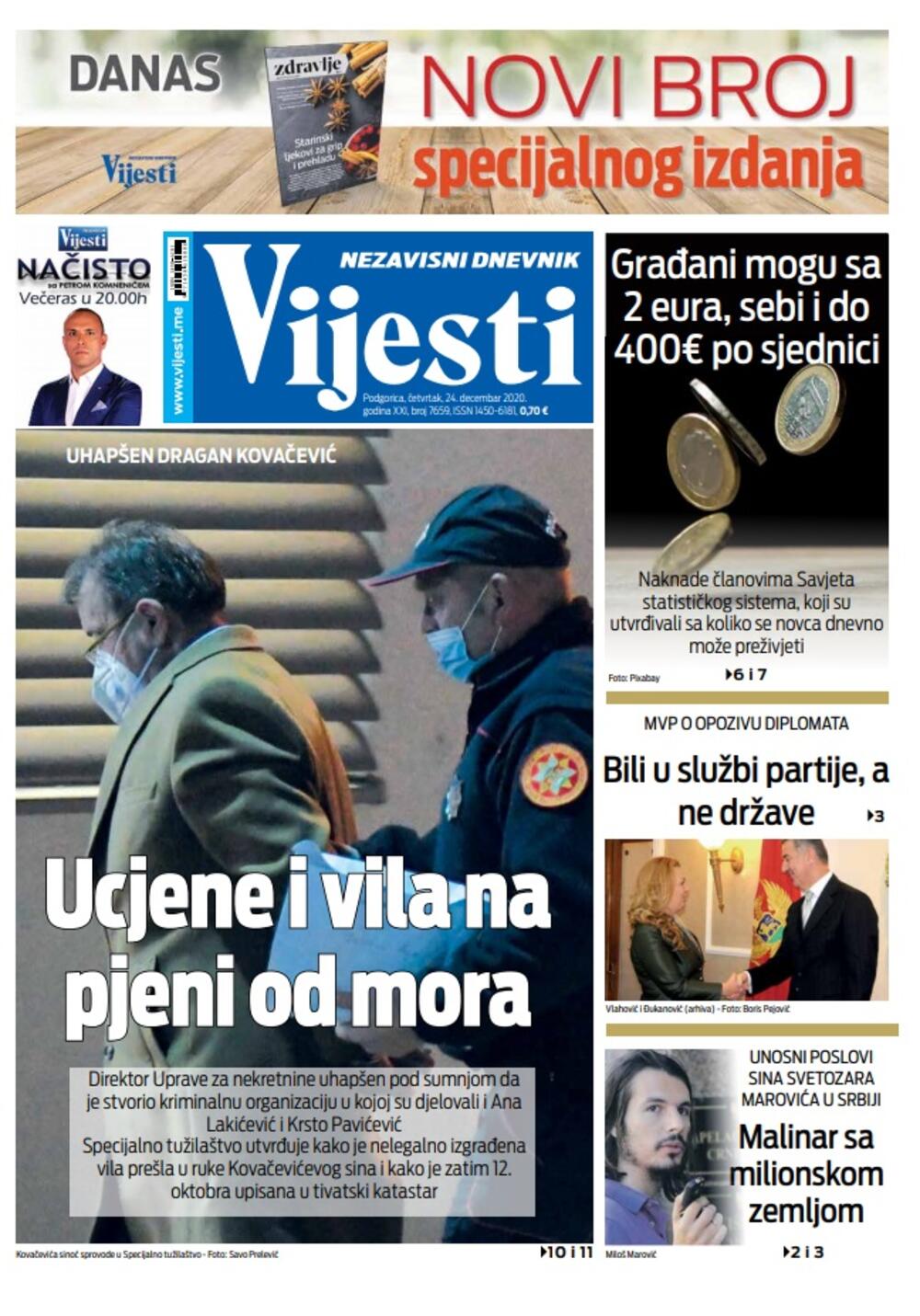 Naslovna strana Vijesti za 24.12.2020., Foto: Vijesti