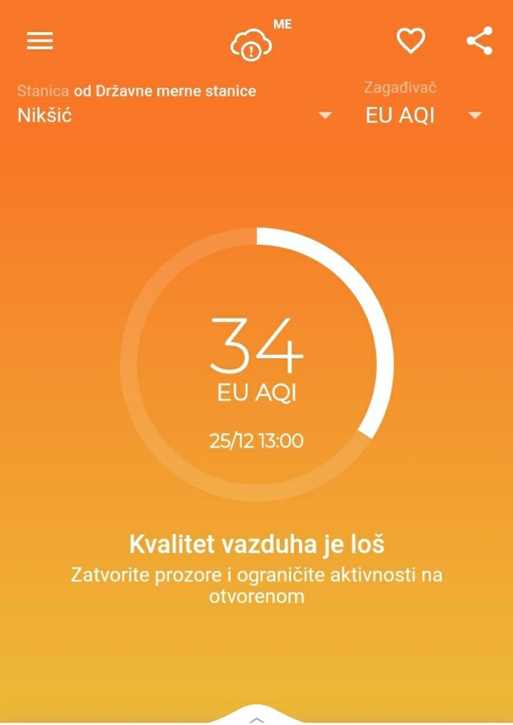Kvalitet vazduha juče oko 14 časova u Nikšiću