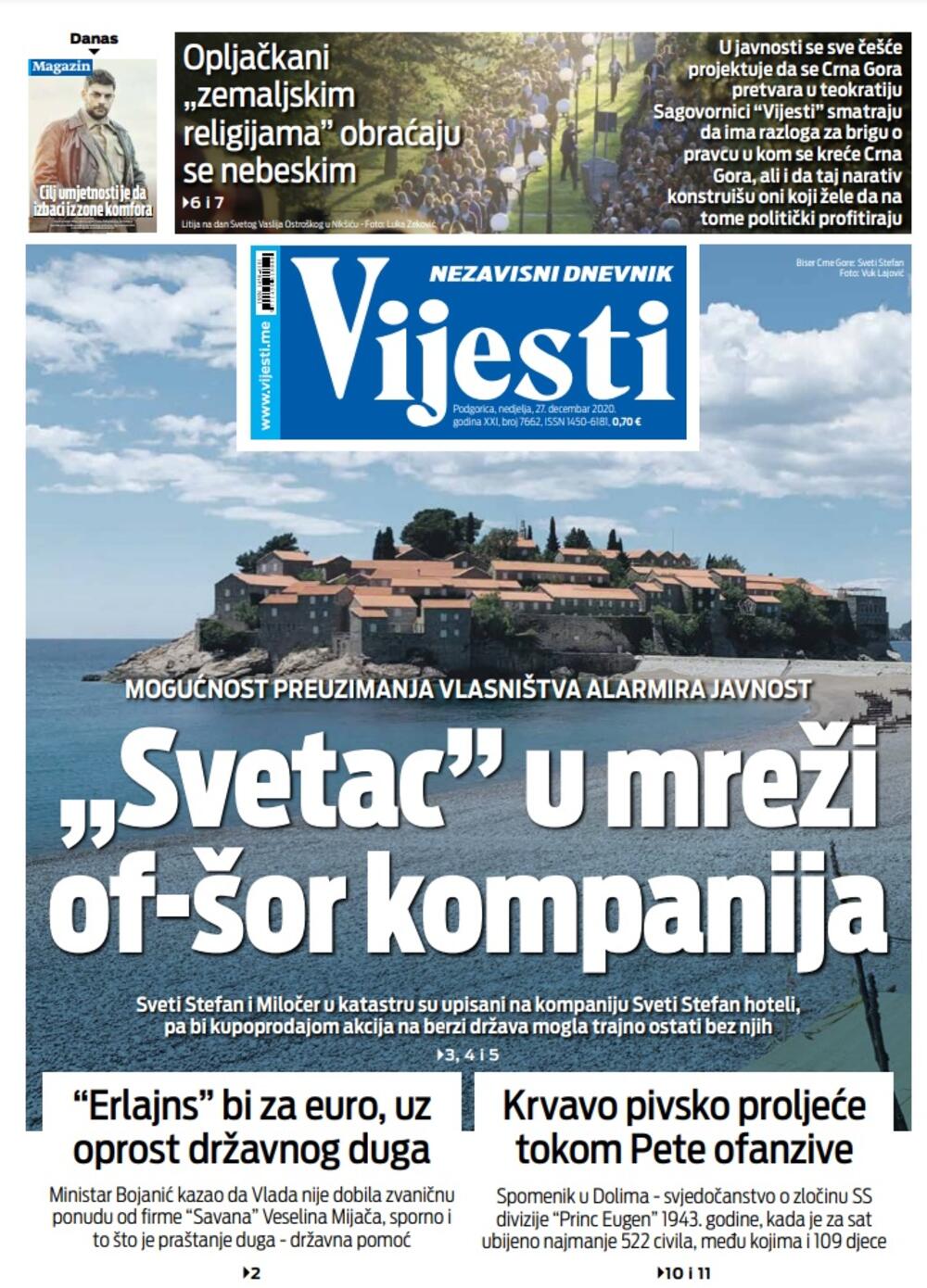 Naslovna strana Vijesti za 27.12.2020., Foto: Vijesti
