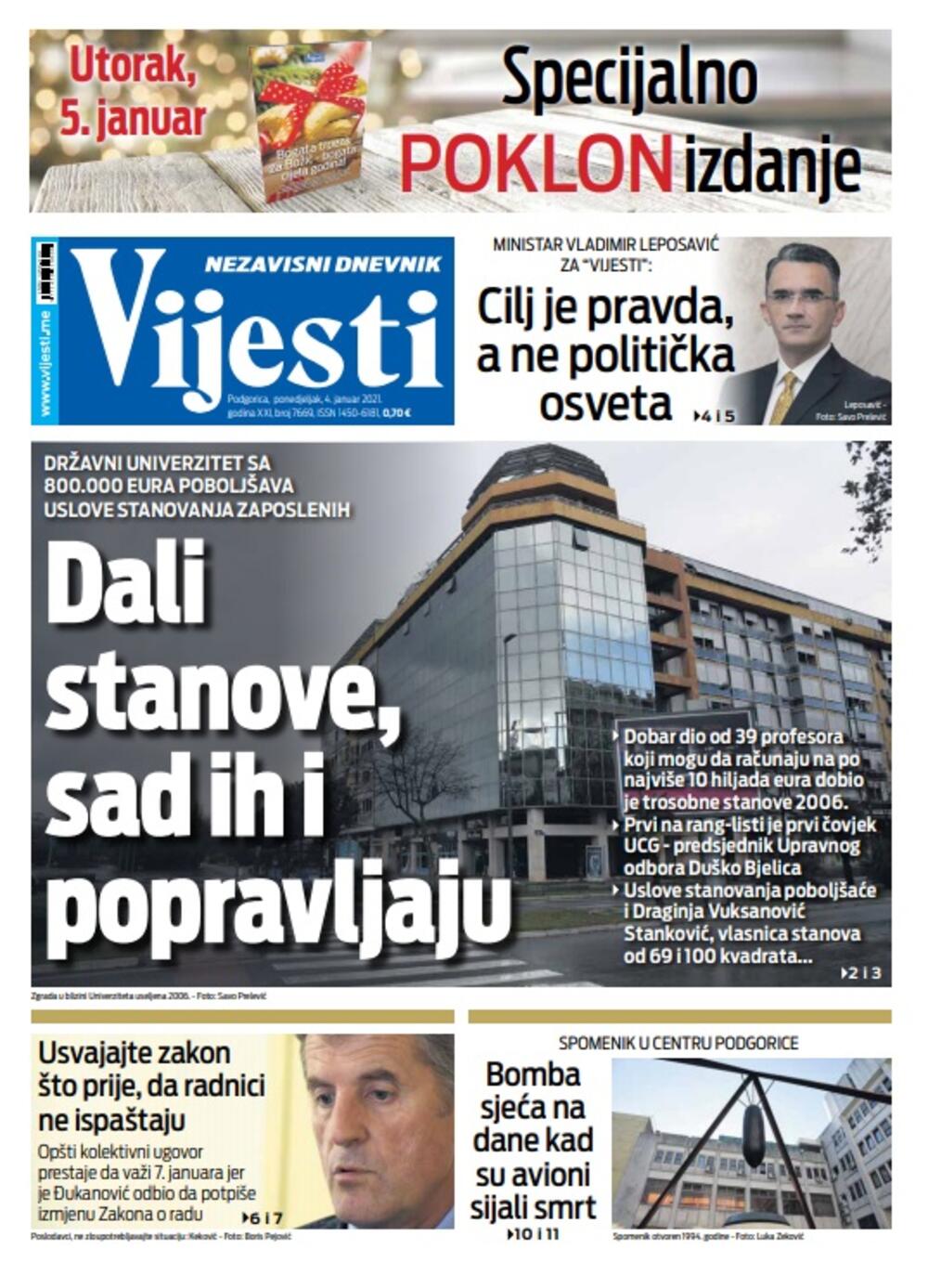 Naslovna strana "Vijesti" za 4. januar 2021., Foto: Vijesti