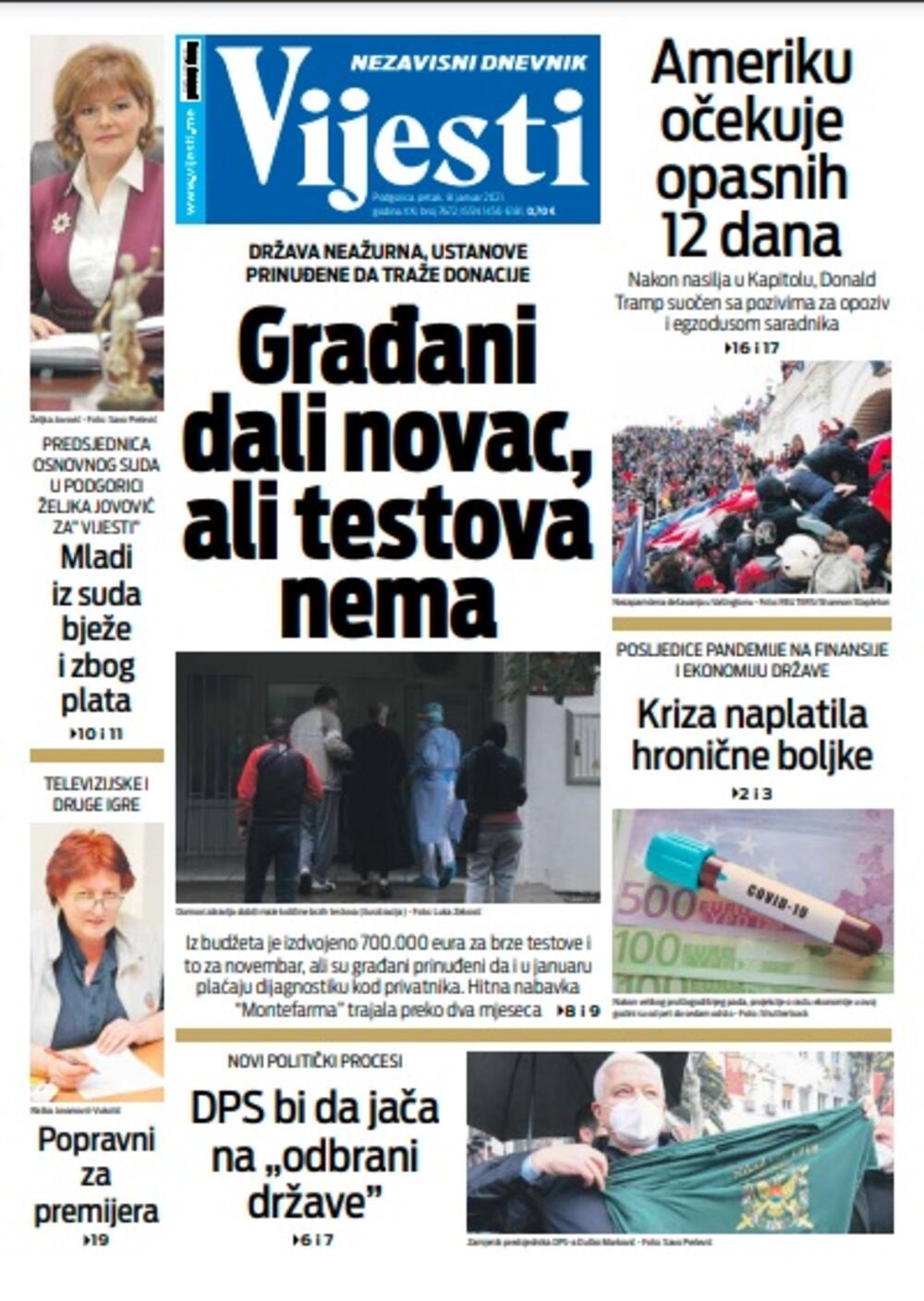 Naslovna strana "Vijesti" za petak 8. januar 2021. godine, Foto: Vijesti