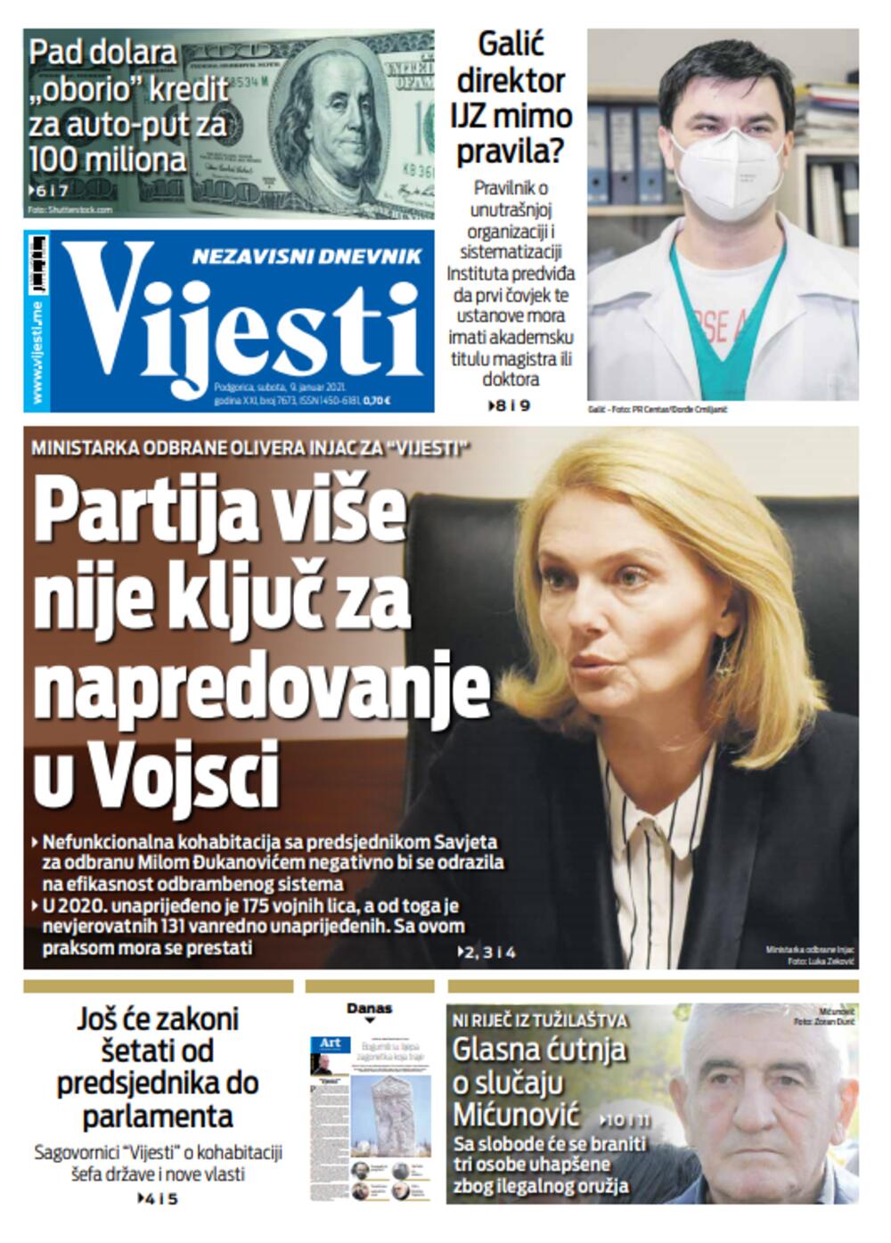 Naslovna strana "Vijesti" za 9. januar 2021., Foto: Vijesti