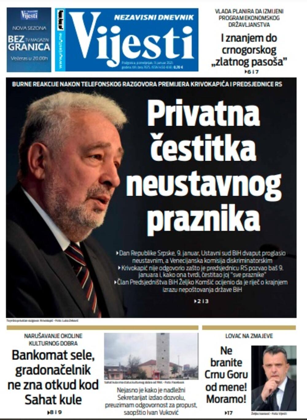 Naslovna strana "Vijesti" za ponedjeljak 11. januar 2021. godine, Foto: Vijesti
