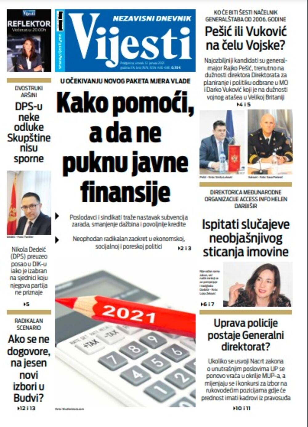 Naslovna strana "Vijesti" za utorak 12. januar 2021. godine, Foto: Vijesti