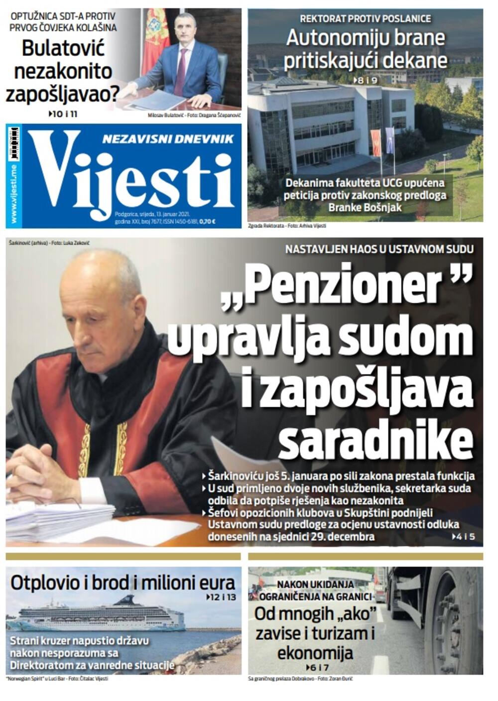 Naslovna strana "Vijesti" za srijedu 13. januar 2021. godine, Foto: Vijesti