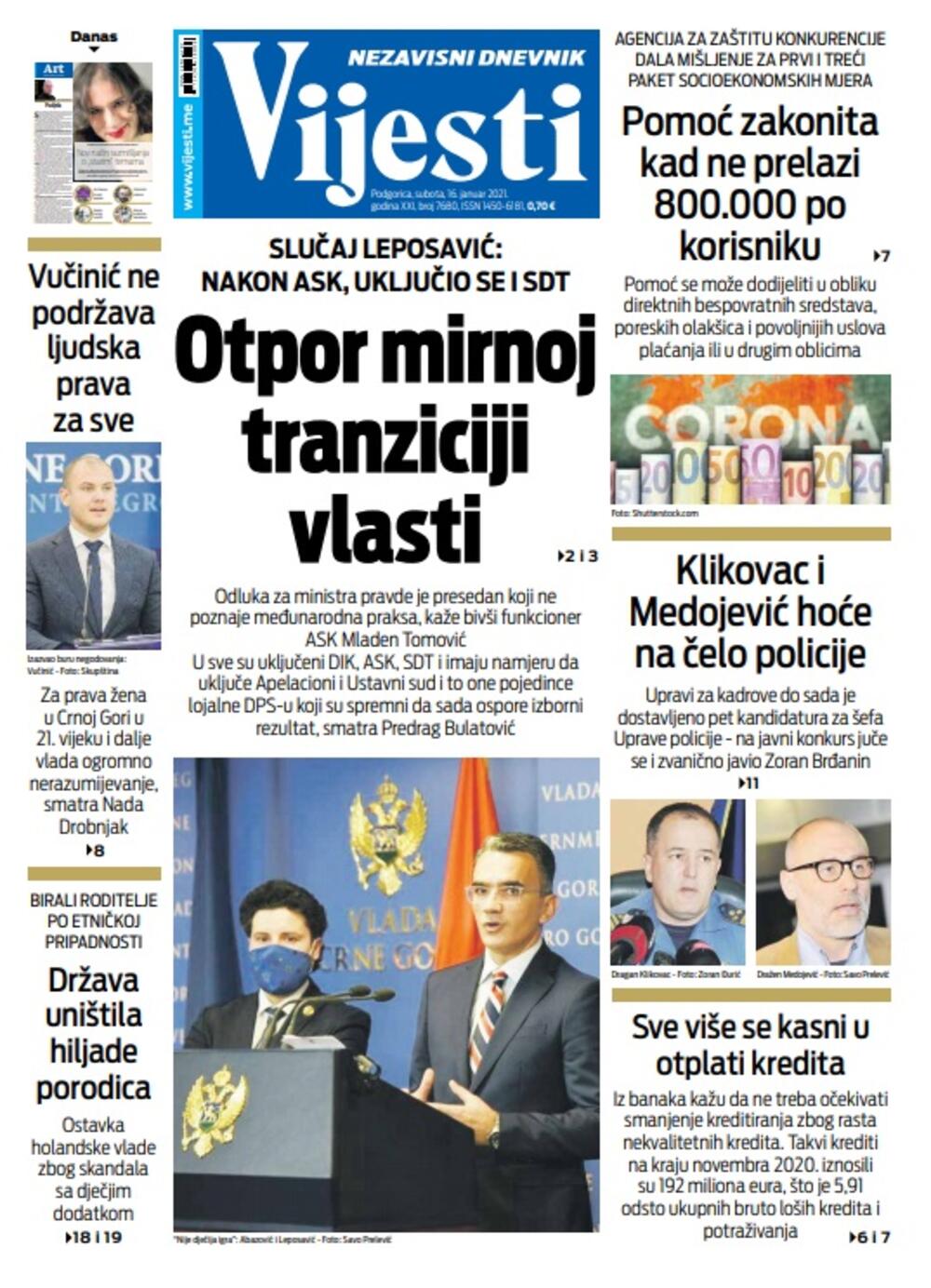 Naslovna strana "Vijesti" za 16. januar 2021., Foto: Vijesti