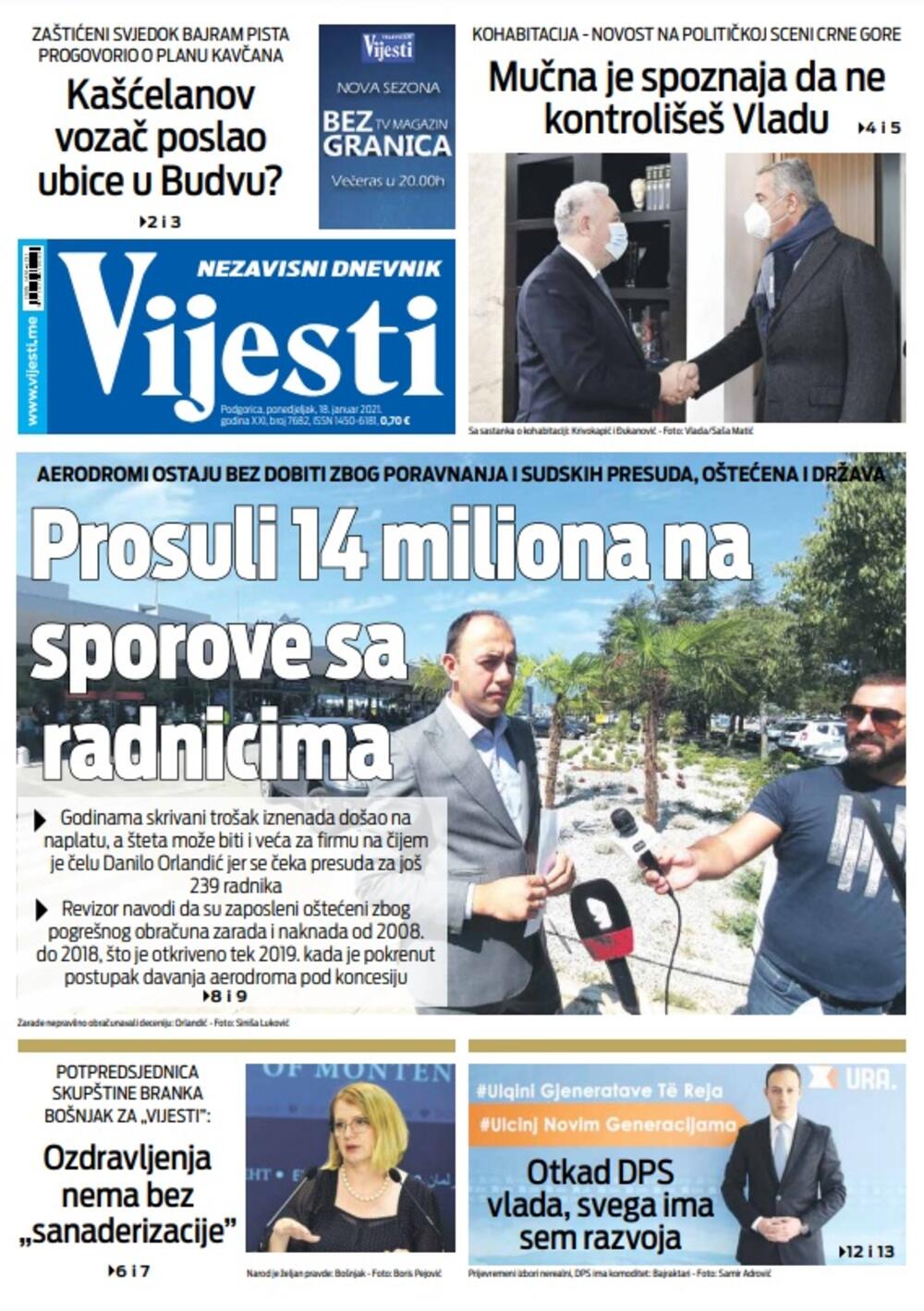 Naslovna strana "Vijesti" za ponedjeljak 18. januar 2021. godine, Foto: Vijesti
