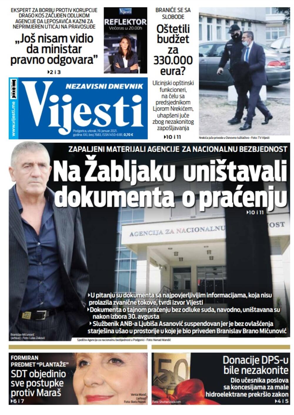 Naslovna strana "Vijesti" za utorak 19. januar 2021. godine, Foto: Vijesti