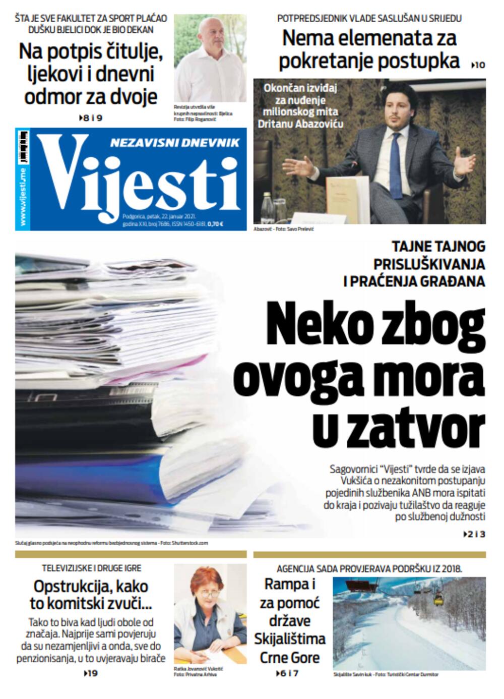 Naslovna strana "Vijesti" za 22. januar 2021., Foto: Vijesti