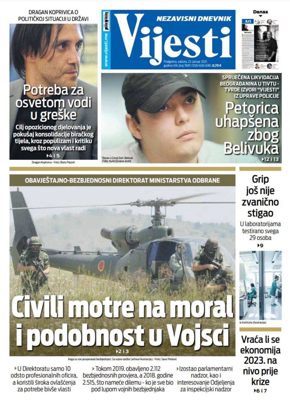 Naslovna strana "Vijesti" za 23. januar 2021., Foto: Vijesti