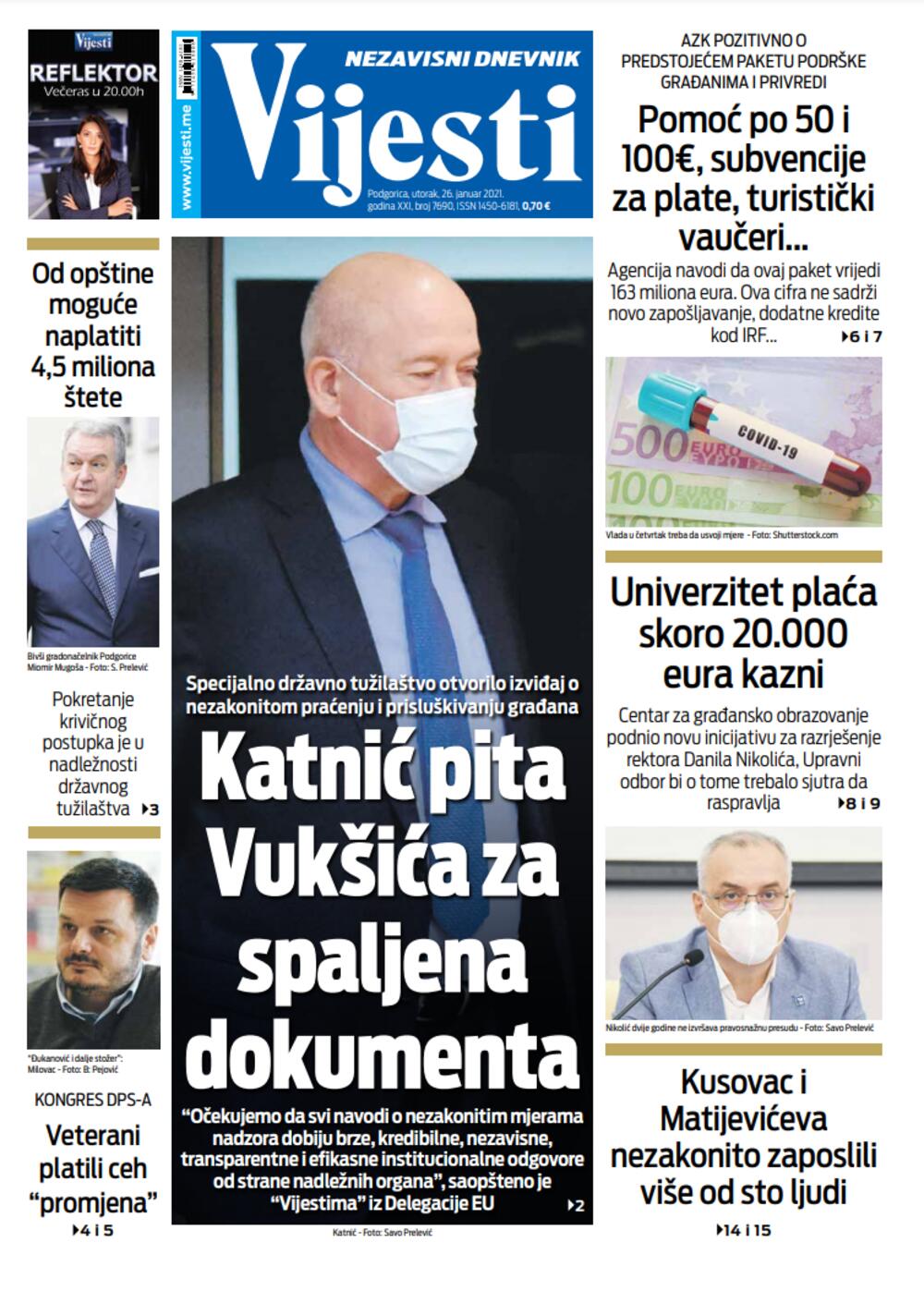 Naslovna strana "Vijesti" za utorak 26. januar 2021. godine, Foto: Vijesti