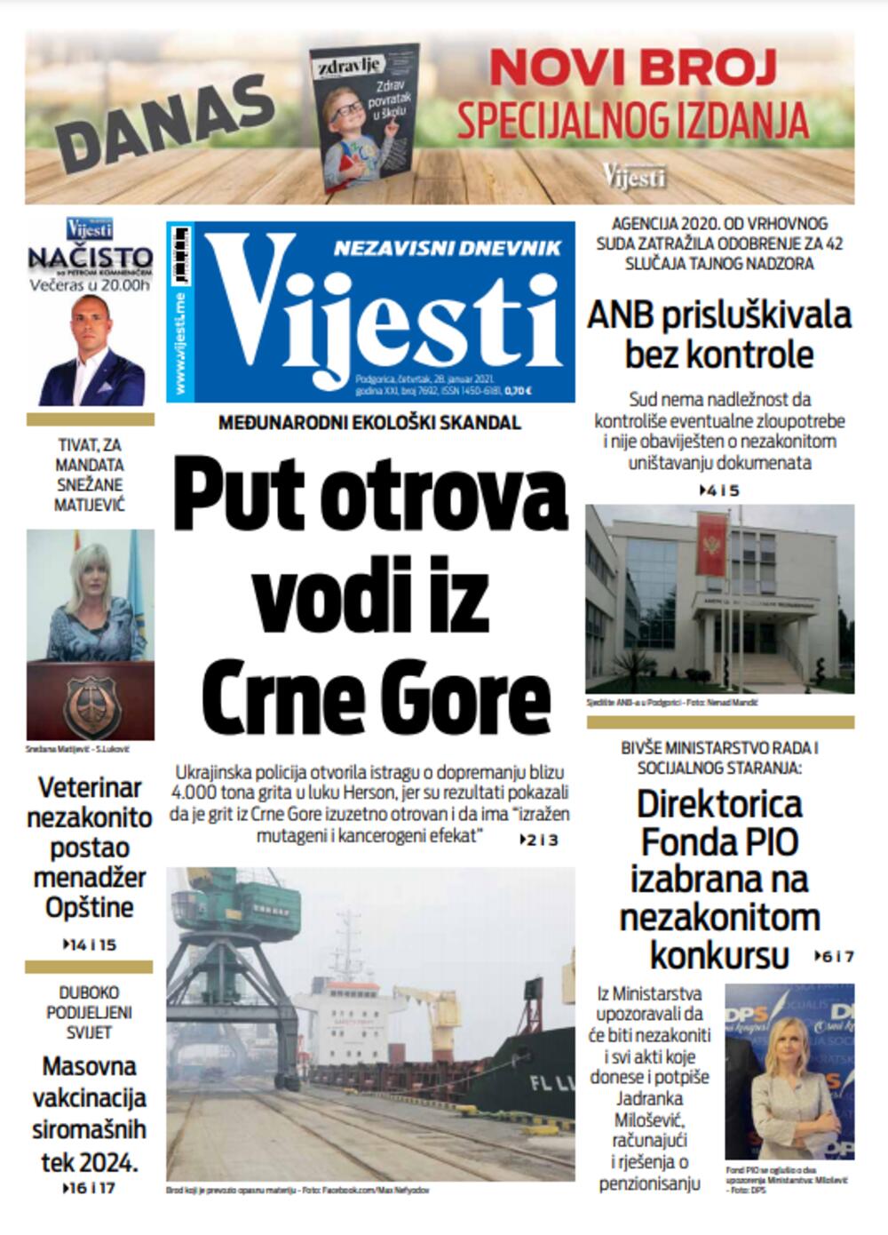 Naslovna strana "Vijesti" za 28. januar 2021., Foto: Vijesti