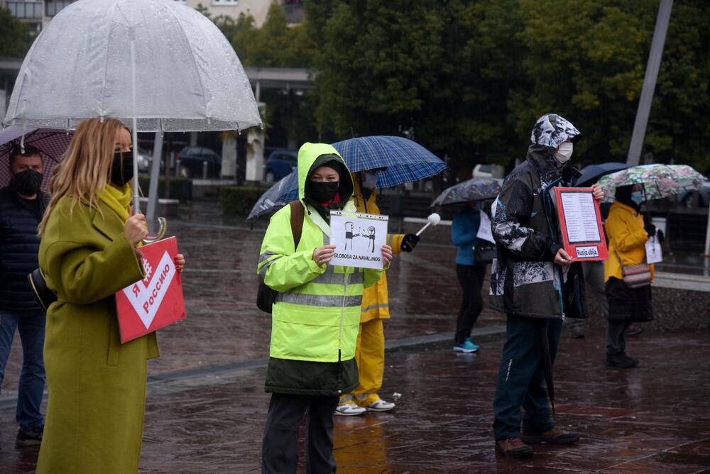 <p>Okupljeni su nosili transparente sa porukama "Sloboda za Navaljnog", "Rusija ubija", "Tribunal za Putina", "Nešto je trulo u državi Rusiji" u znak protesta zbog hapšenja ruskog opozicionara</p>